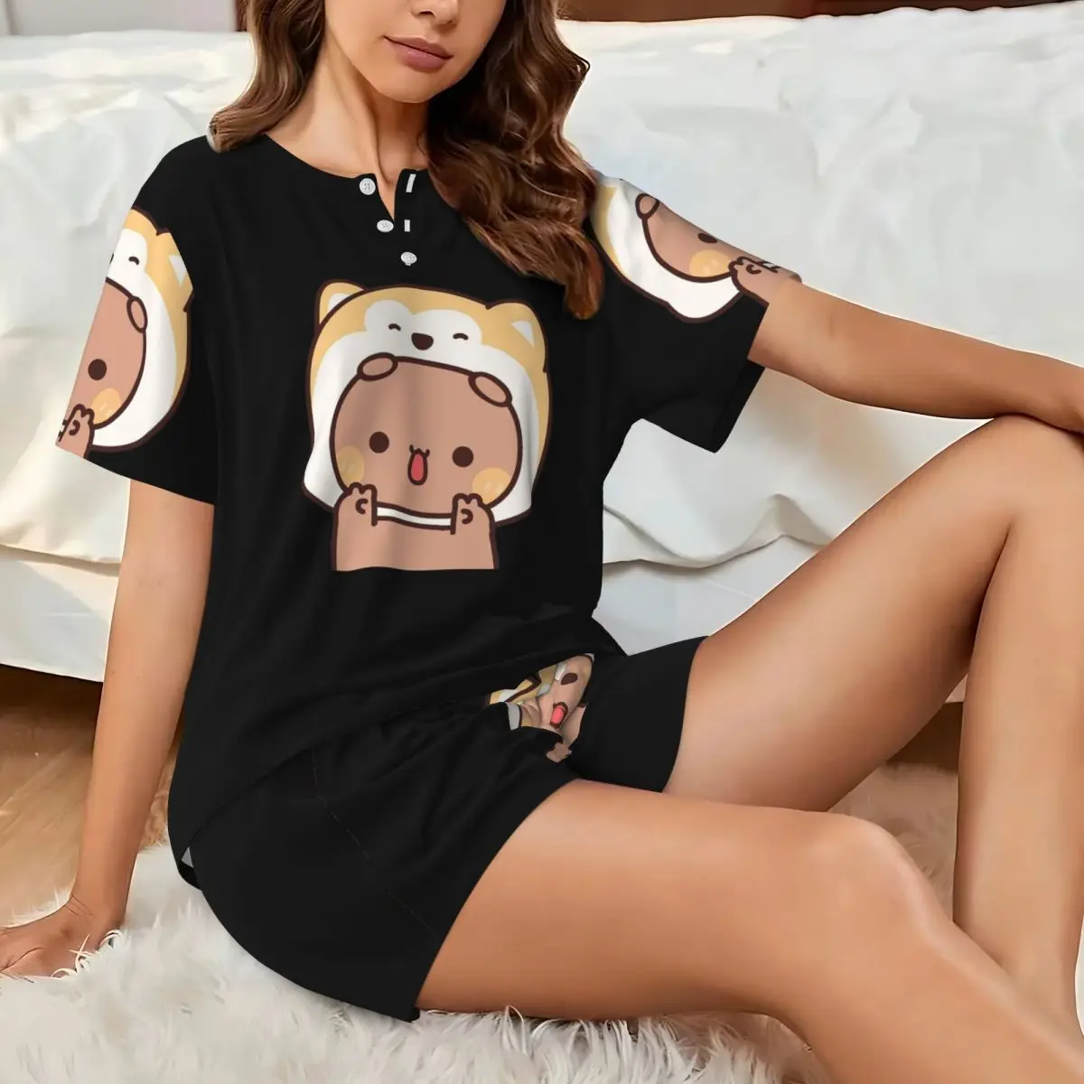 Bear And Panda Bubu Dudu Round Neck Short Sleeves Nightdress for Sleeping Sleepshirts Women Soft Pajama Set Short Pants