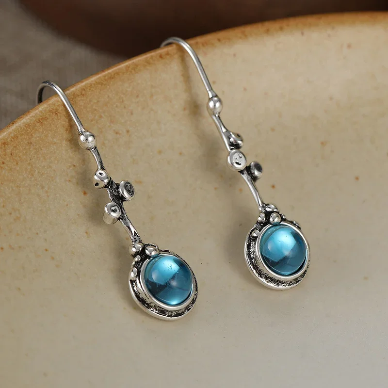 Vintage Silver Plated Pendant Earrings Inlay Blue Cubic Zircon Simple Women's Earrings Daily Fashion Casual Jewelry