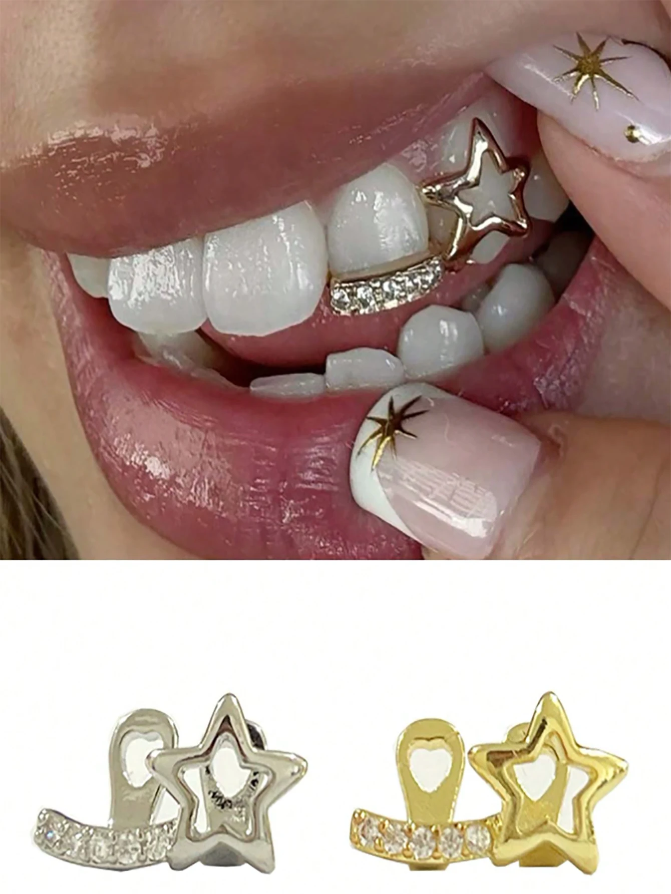 1 قطعة مجوهرات الأسنان النسائية العصرية ، نجمة خماسية مجوفة وشريط زركونيا إكسسوارات أسنان مزدوجة