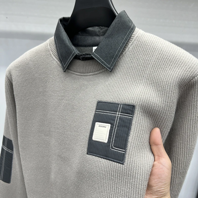 2025 Maglione da uomo invernale nuovo in pile intero finto in due pezzi moda casual lavorato a maglia con fondo in pile spesso