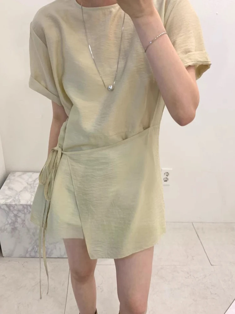 

Liangliang Design Sense Splice Irregular Belted Short Sleeve Dress Women Summer New Vintage Fake Two-Piece Short Skirt