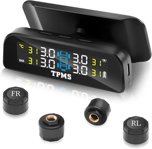 Sistema de supervisión de presión de neumáticos con pantalla LCD de carga solar en tiempo real TPMS con 4 sensores externos para coche RV SUV MPV camión