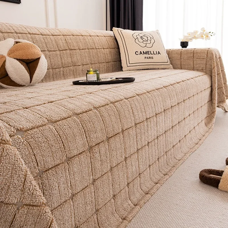 Anti Cat Scratch Large Sofa Cover Ins Style Winter Plush Sofa Towel Solid Color Full Coverage Sofa Blanket Full Cover