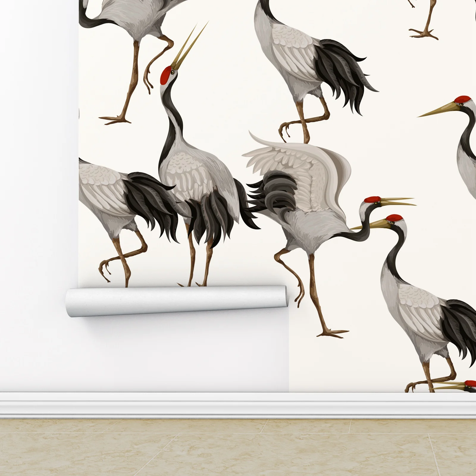 White Herons Wallpaper, Animal Wall Art, Luxury Vintage Wall Mural With White Cranes,Asian Animal Wall Paper For Home Decoration