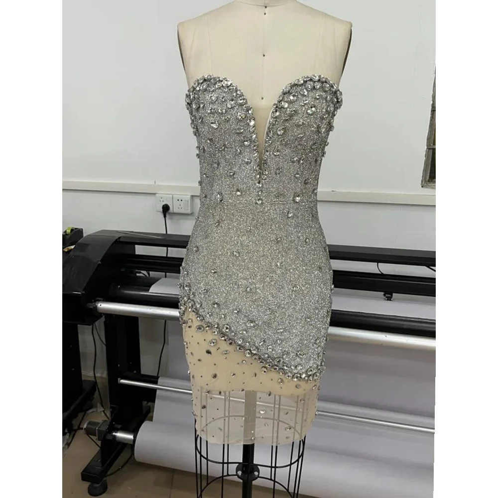 Vestido corto de malla con cuentas de cristal y purpurina para mujer, ropa de fiesta, Club, actuación en escenario, vestido de cumpleaños, marca de lujo