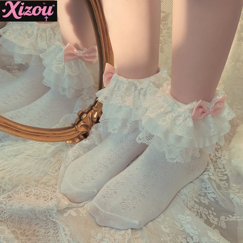 Japanese Sweet Cute Pink Lolita Lace Bow Cotton Bunching Socks Beautiful Fairy Women Girls Lace Socks for Spring and Autumn