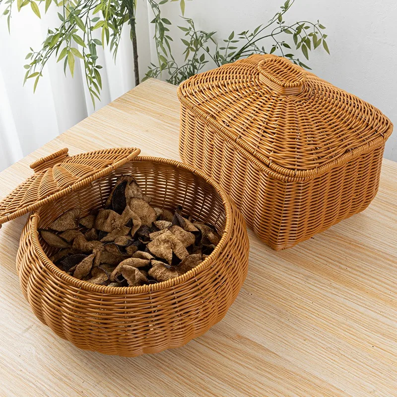 Imitation rattan woven with lid storage tank living room kitchen storage basket steamed bread egg basket tea can