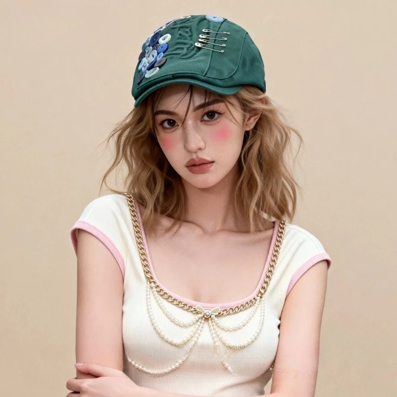Retro Personalisierte Denim-Baskenmütze mit Stern-Design und Aufnähknöpfen für Damen, Y2K Frühling Herbst Lässige Vielseitige Achteckige Mütze – Detail 3