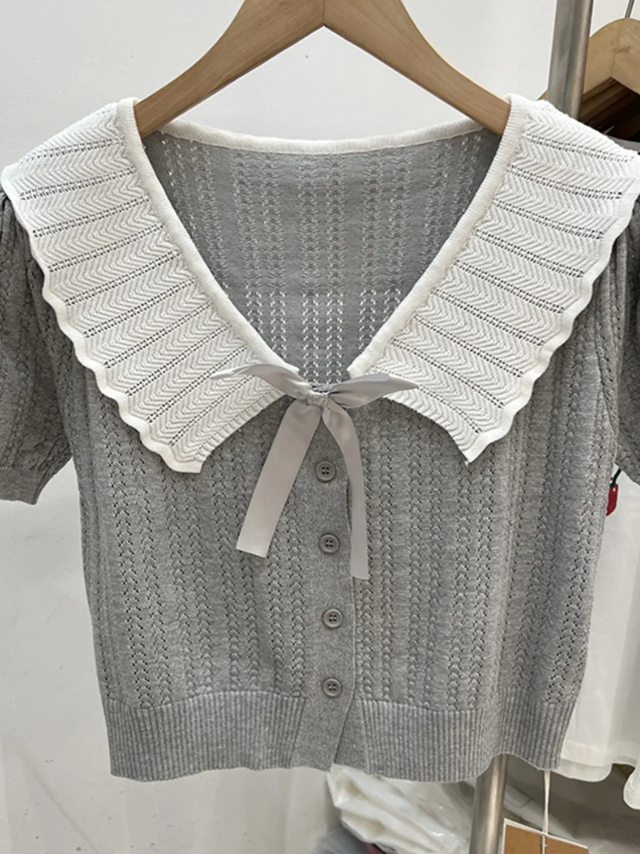 

Sweet Sle Knitted ort Sve T-irt High Waist ort Length College Sle Bow Large Collar Women's Summer Faion