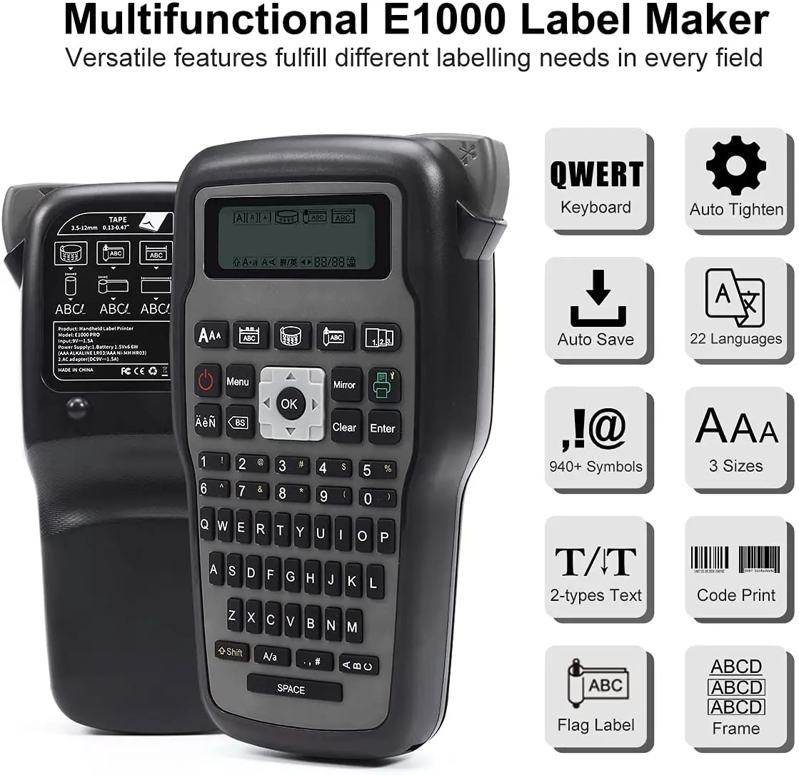 E1000 PRO Labeling Machine With QWERTY Keyboard  Symbols 8 Barcode Printing Label Marker Compatible for Brother TZe-231 tapes