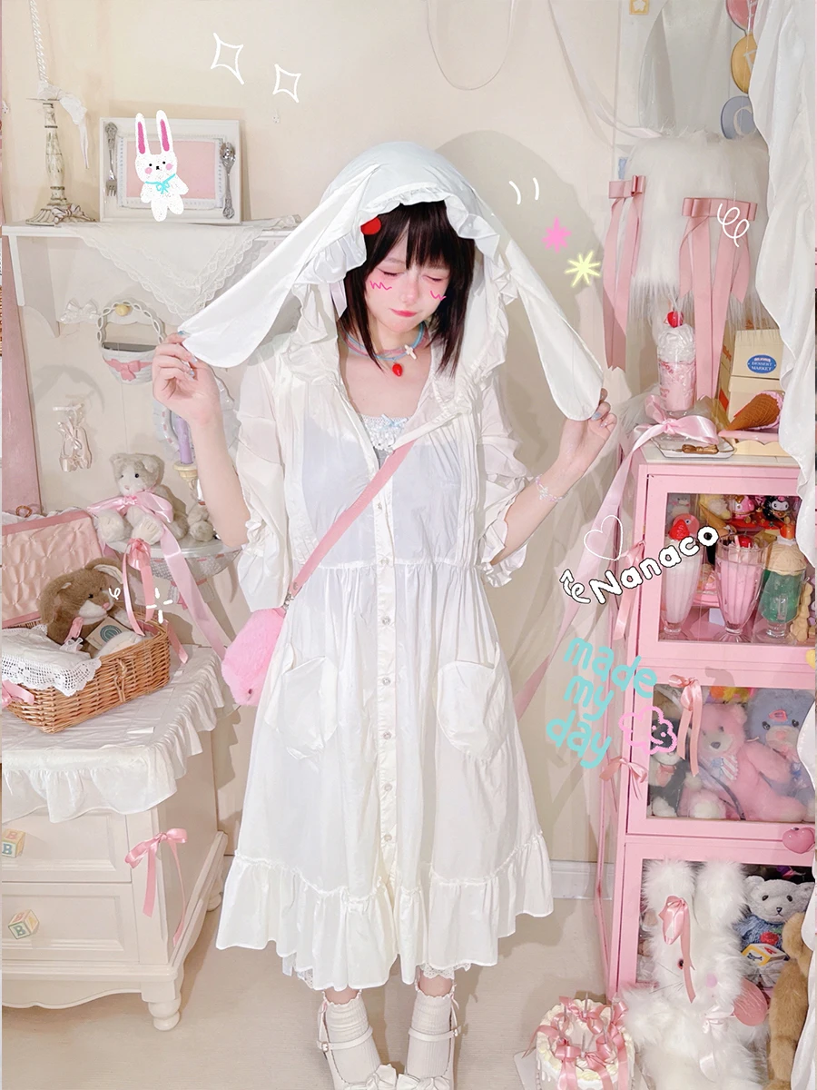 Girly-Manteau Blanc à Capuche avec Oreilles de Lapin pour Femme, Vêtement Long et Élégant à la Mode Japonaise Lolita At