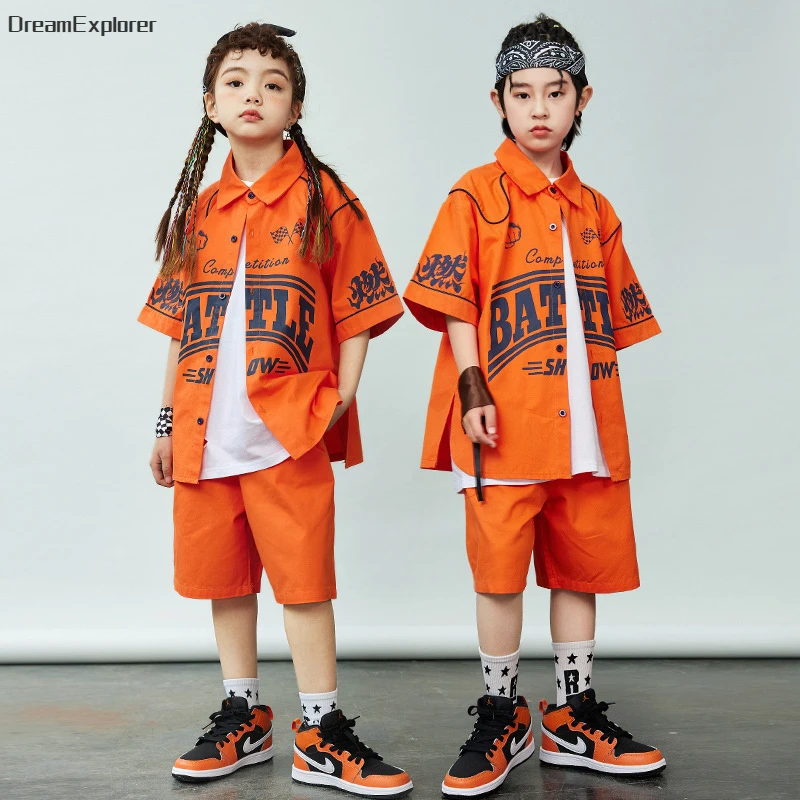 Boy Hip Hop Short Sleeved Orange Shirt Street Dance Shorts Clothes Sets Girls Blouse Children Summer Streetwear Kids Costumes