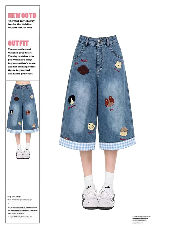 

Retro American Design Embroidered Dog Short Jeans Women's Style Summer New Seven-Foot High Waist Wide Leg Casual Cotton Blend