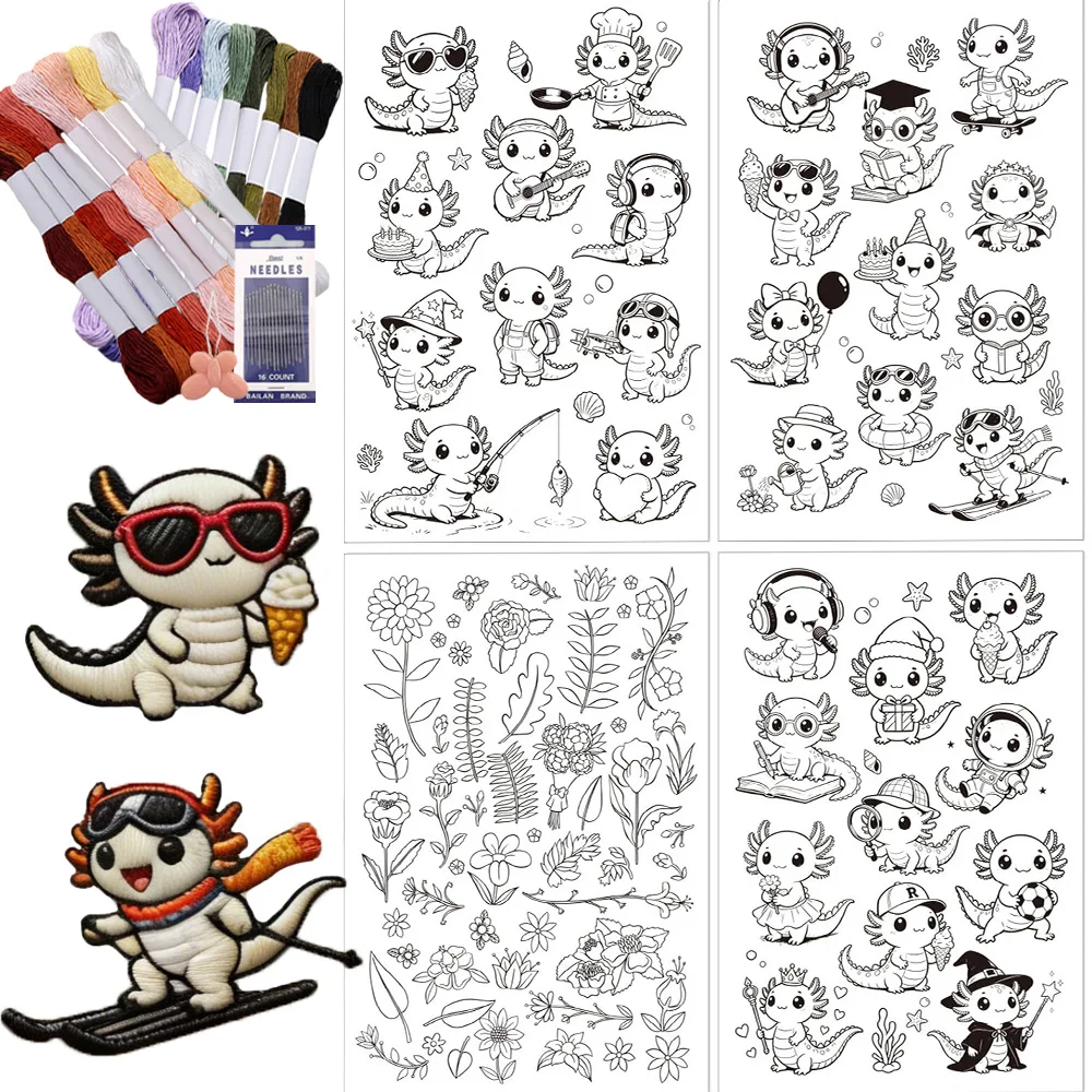 Axolotl Floral Stick & Stitch Water Soluble Embroidery Paper, Wash Away Transfer Stabilizers for DIY Hand Sewing Crafts