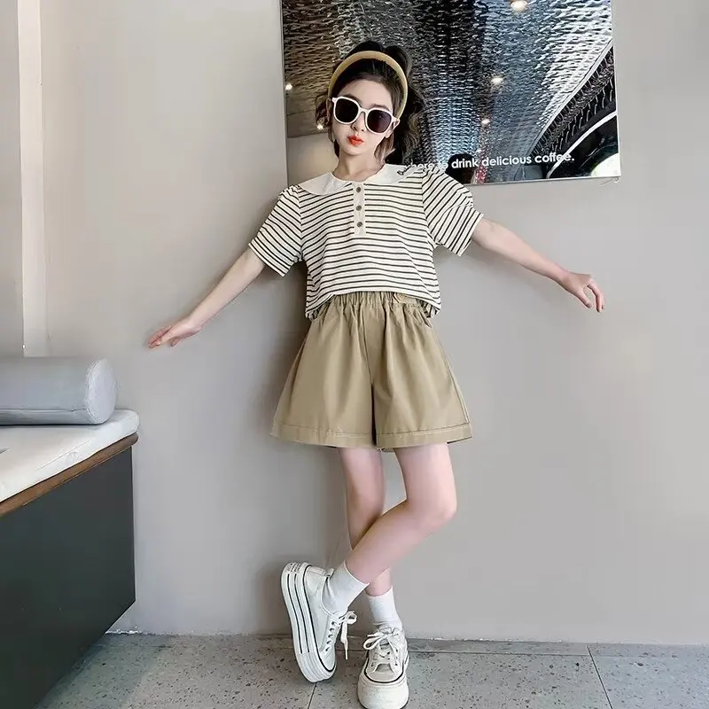 New Summer GirlsCotton Suit Korean High Street Fashion Kids Stripe T-shirts Shorts 2 Piece Set High Quality Children's Set 2024