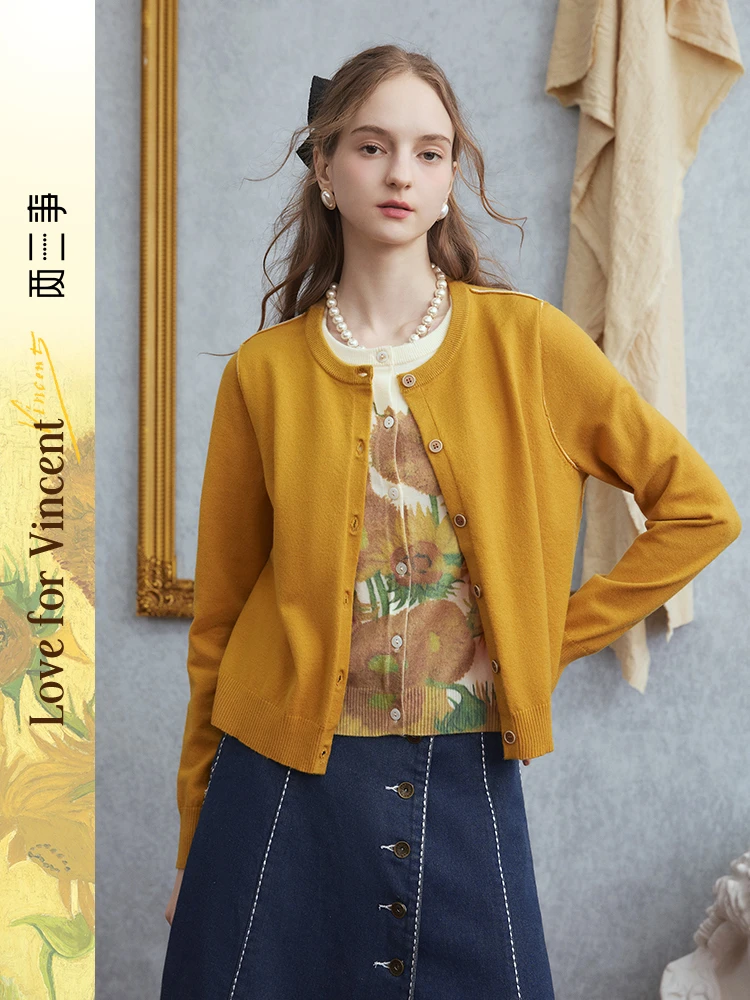 

Artistic Knitted Cardigan Women's Long Sleeve Print Soft Nylon Polyester Blend Autumn Fashion Sweet Style Yellow Sunflower