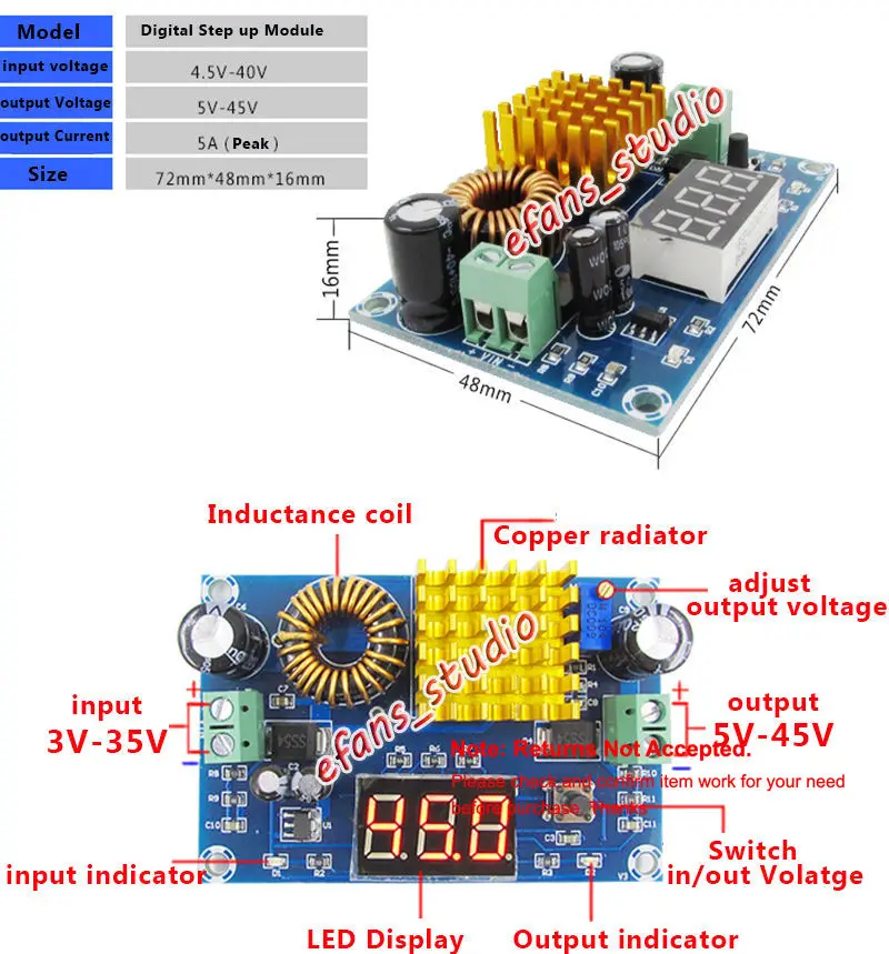 XL6019 5A DC 3-35V To 5V 6V 9V 12V 24V 36V 45V DC-DC Step Up Power Module Boost Volt Converter with LED Display