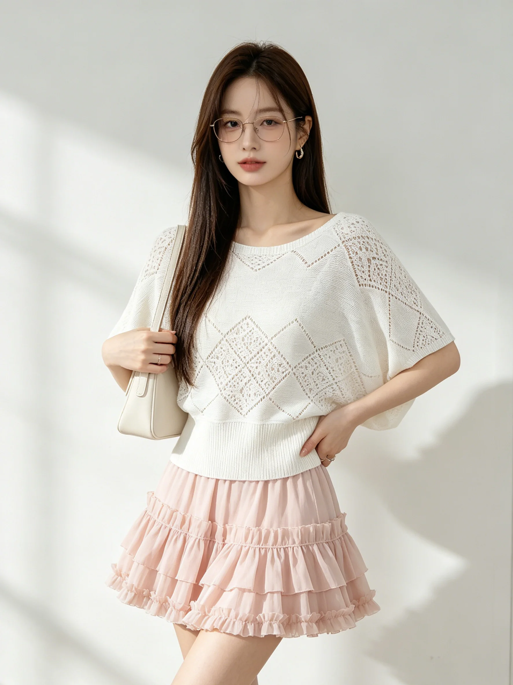 

Elegant Summer Design Hollow out Batwing Sleeve Knitted Top Short Style Skin-friendly Slimming Casual Loose Fit Women's Fashion