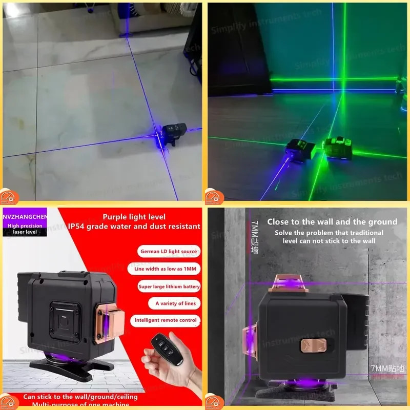 16 Lines 4D Laser Level with Purple Beam Self Leveling 360 Degree Horizontal Vertical Cross Line Laser Level for Construction