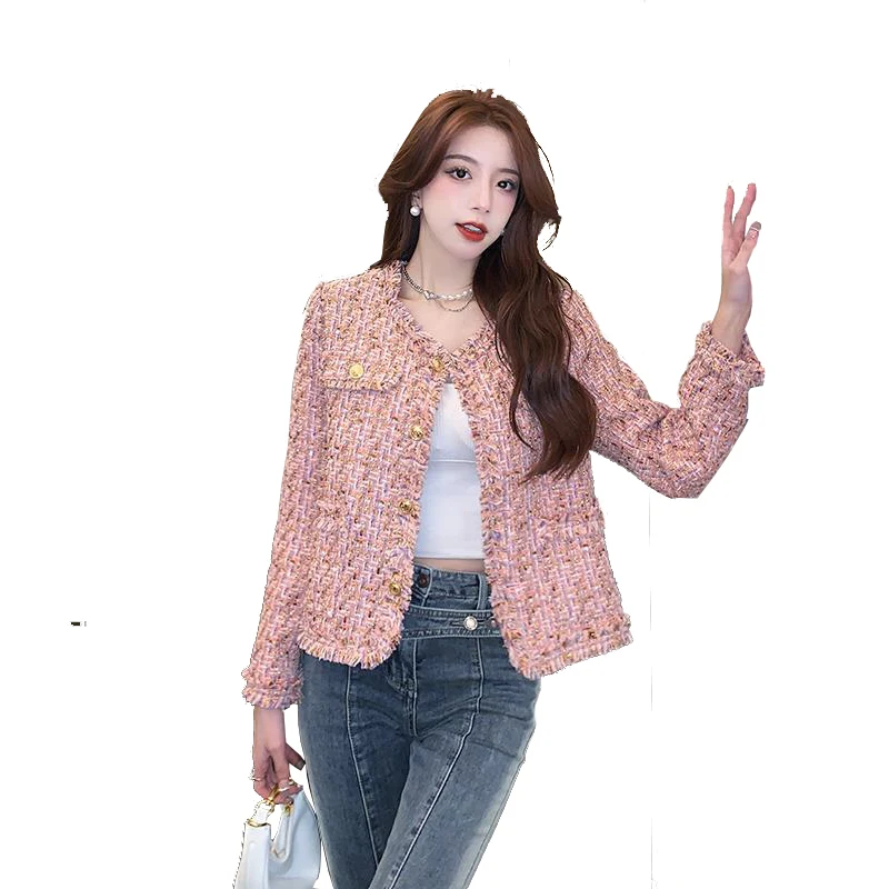 

Pink tweed jacket 2024 spring /autumn women's jacket Business ladies One Piece Classic Coat