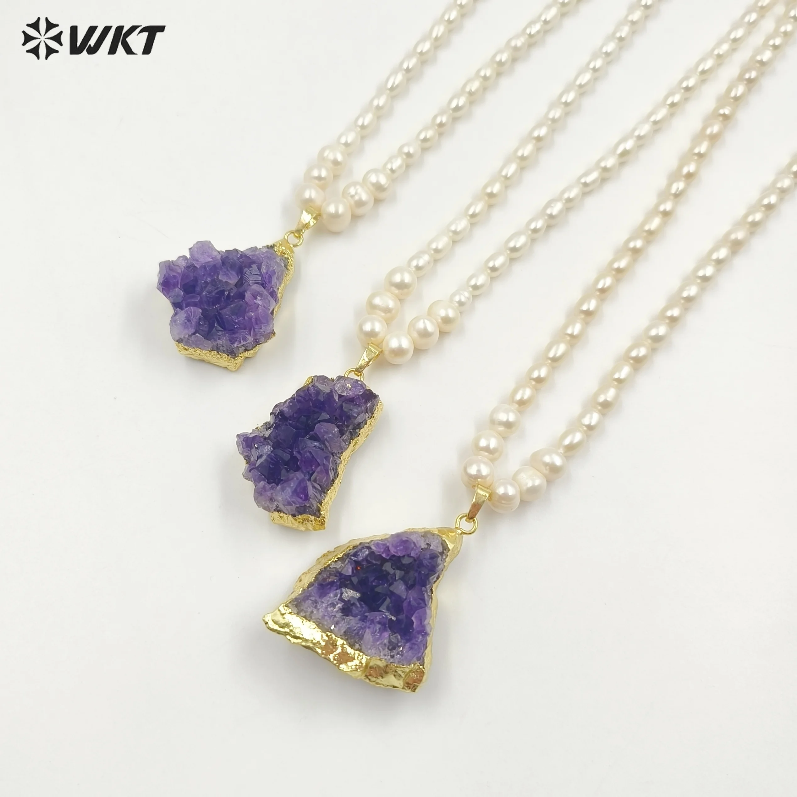 WT-JN259  2023 WKT Delicate Style Druzy Amethyst Pendant Necklace Jewelry Irregular Shape Women Supplies Party Amazing Sale