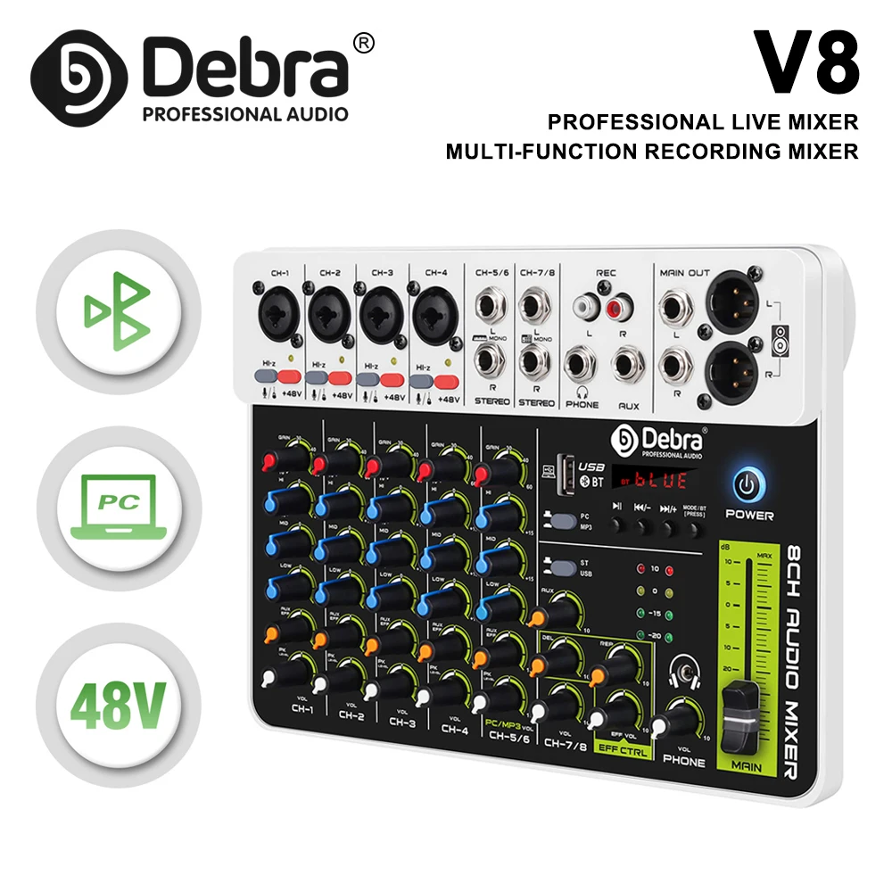 Nieuwe V4/V8 audio-interfacemixer, DJ-controller met Bluetooth USB 48V fantoomvoeding vertraging replay-effect voor computeropname