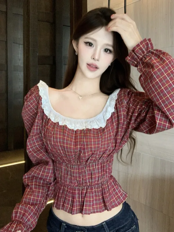 

Sweet And Spicy Short Sleeveless Shirt Korean Style Plaid Square Collar Women's Early Autumn Fashionable Youthful Pure Desira...