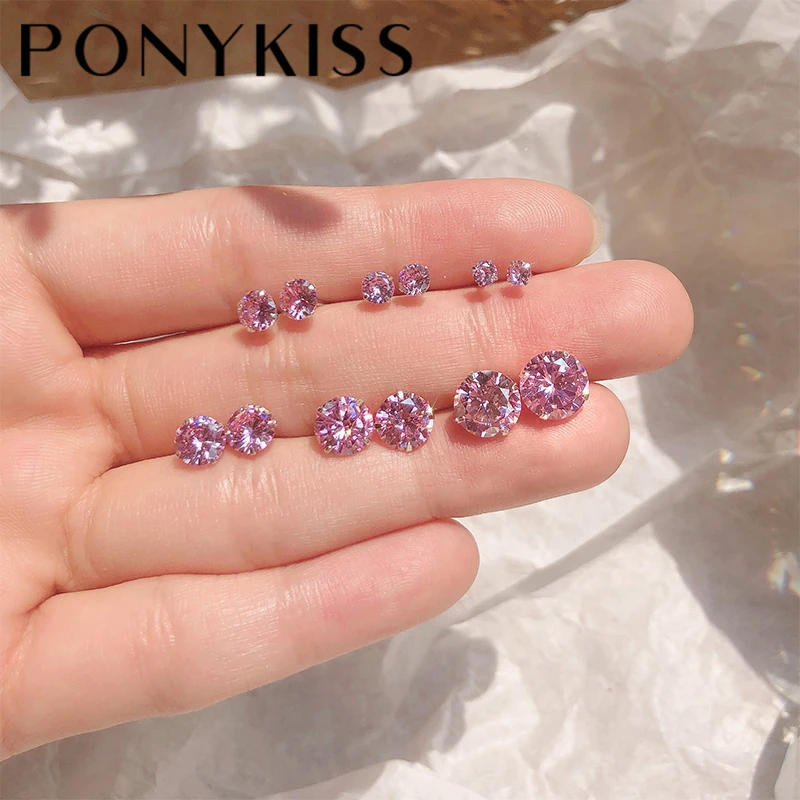 PONYKISS Trendy 925 Silver Minimalist 3-6MM Pink Round Zircon Stud Earring for Women Romantic Fine Jewelry Accessories Wholesale