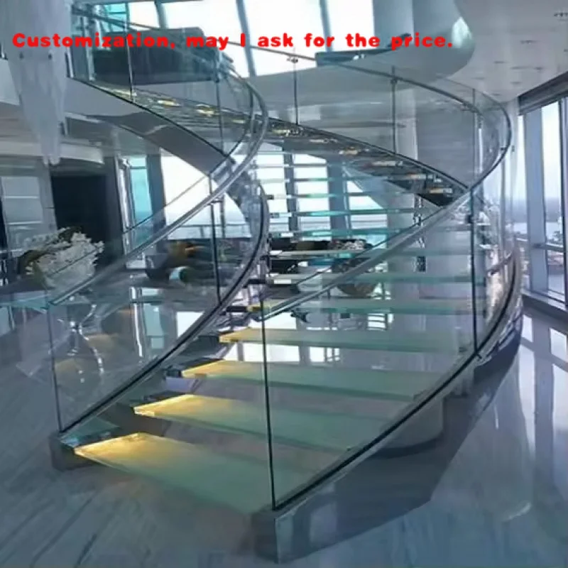 

custom.Modern Revolving Stair Design Top Quality Tempered Glass Steps Curved Stairs with Curved Glass Handrail