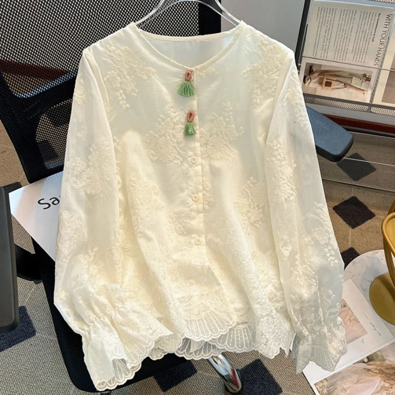 

Women Lace Shirt Blouses Tops Embroidery Long Sleeves O Neck Single Breasted Thin Loose Office Lady Elegant Casual 2026 Spring
