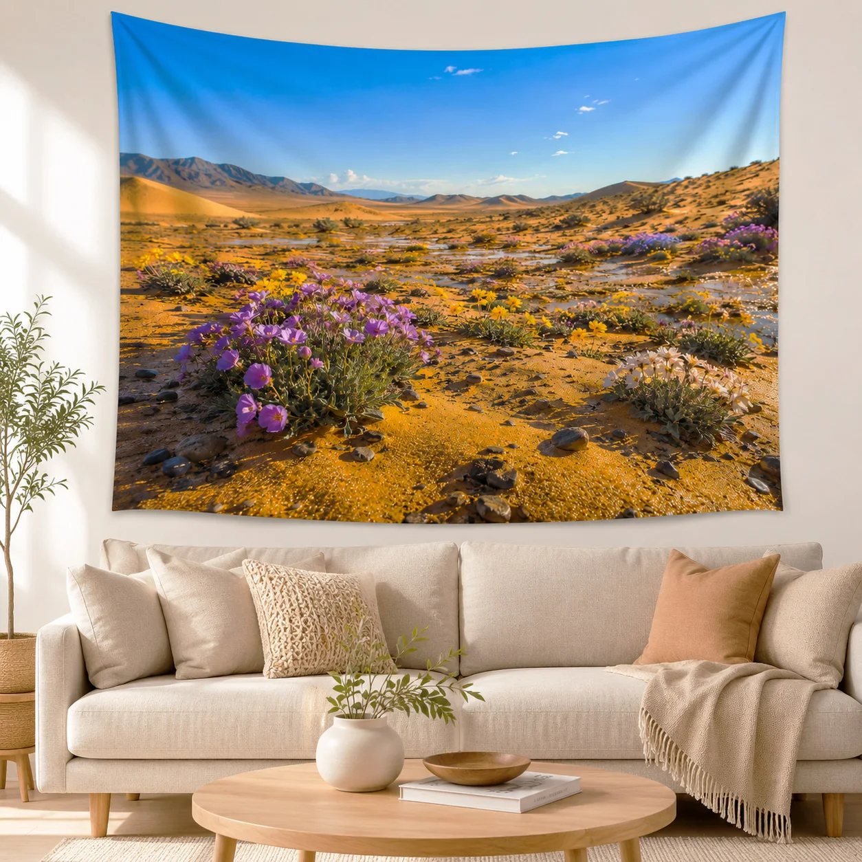 Desert Flower Tapestry Wall Hanging Purple Wildflower Landscape Large Fabric Wall Tapestries Boho Home Room Decor for Bedroom