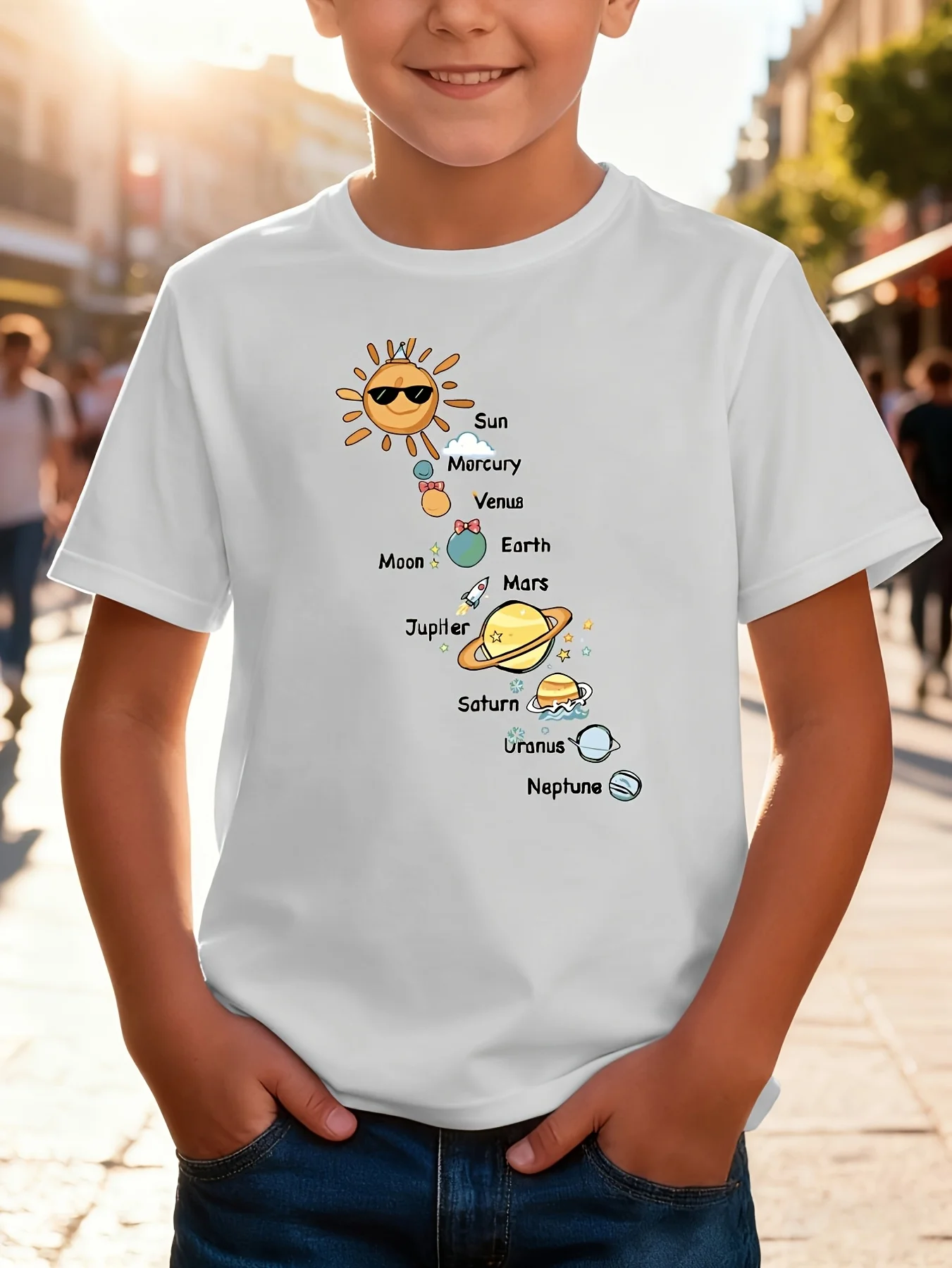 Space Eight Planets Children's T-shirt Casual, Lightweight, Comfortable Short Sleeve Parent Child Top Summer Clothing