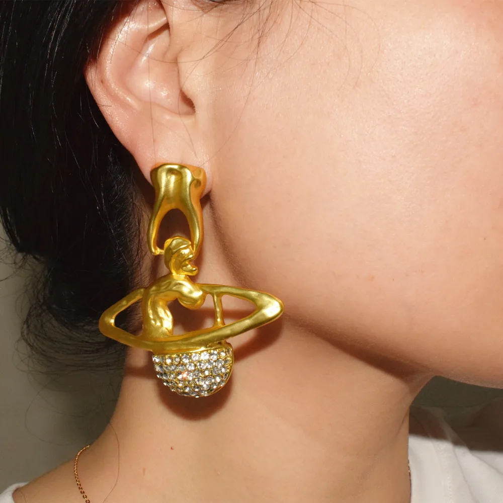 Funkelnde, mit Legierung überzogene Saturn-Planeten-Ohrringe für Damen, Schmuck, Modenschau, Statement-Ohrringe für Damen, Zubehör – Detail 7