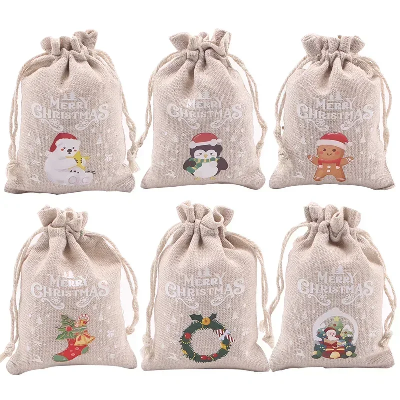 1/30PCS Christmas Linen Drawstring Bags Candy Biscuits Pouchs Burlap Bracelet Jewelry Storage Bags Xmas Kids Gift Packaging Bags