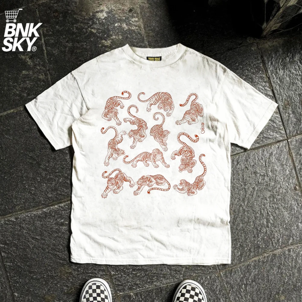 American Vintage Line Drawing Tiger Loose Feel Short Sleeve T-Shirt Subculture Lazy Style Cotton round Neck Men's T-shirt