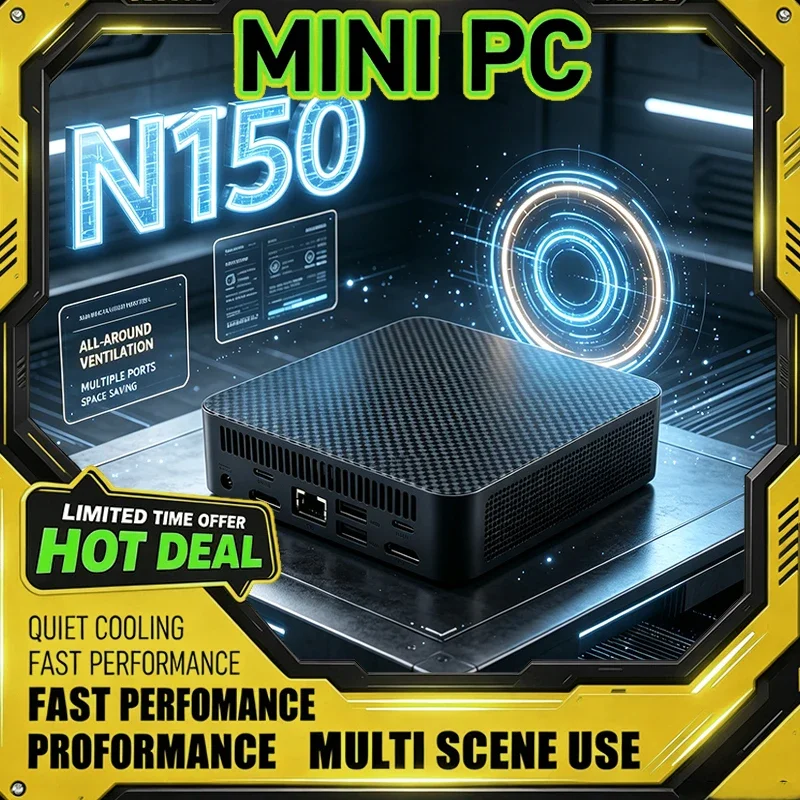 N150 Mini PC Carbon Fiber Texture All‑Round Ventilation Multiple Ports Space‑Saving Small Desktop for Home Office Business