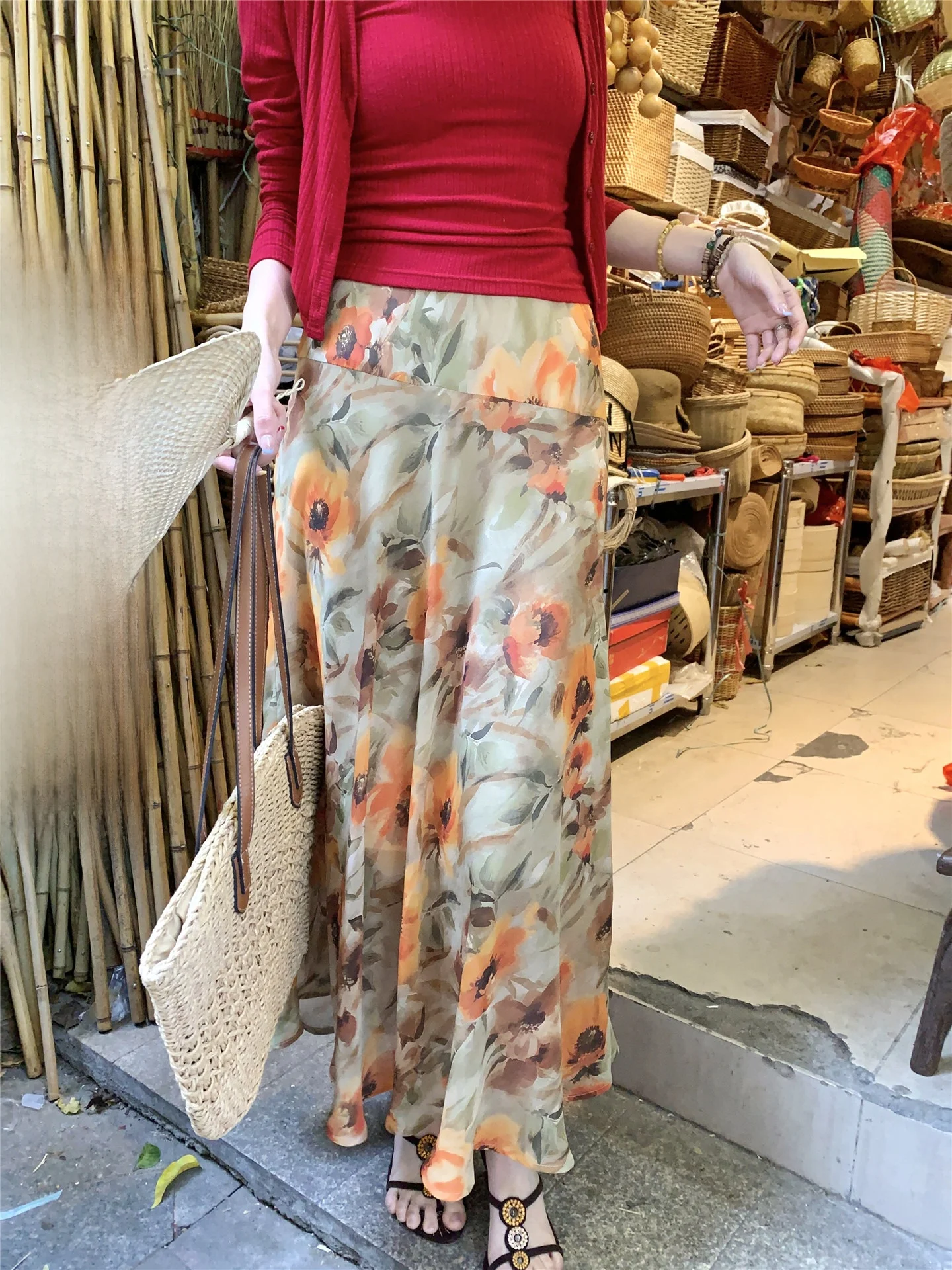 

Cheese Curvy Sculpting Floral Print Fish Tail Half Skirt Women's Vacation Style High Waist Polyester Fiber A-Line Skirt