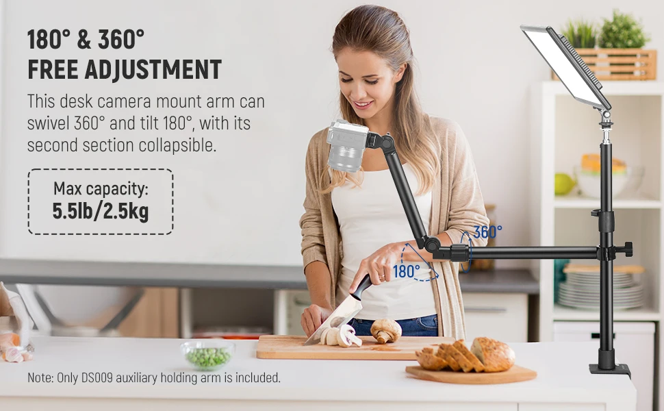NEEWER Overhead-Kamerahalterungsarm mit Telefonclip 180 ° &360 ° 2-teiliger flexibler Haltearm für Schreibtischständer für Kamera-LED-Licht – Detail 2