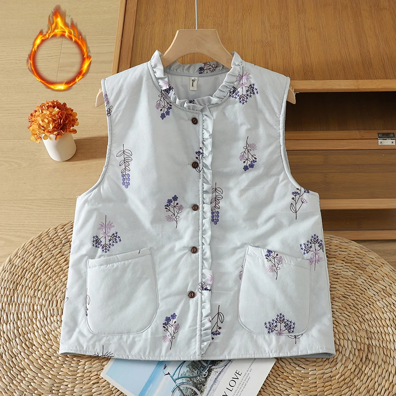 Lightweight Cotton Vest Women's Winter Warmth Floral Print Casual Collar Artistic Short Thin Cardigan Style Body Type