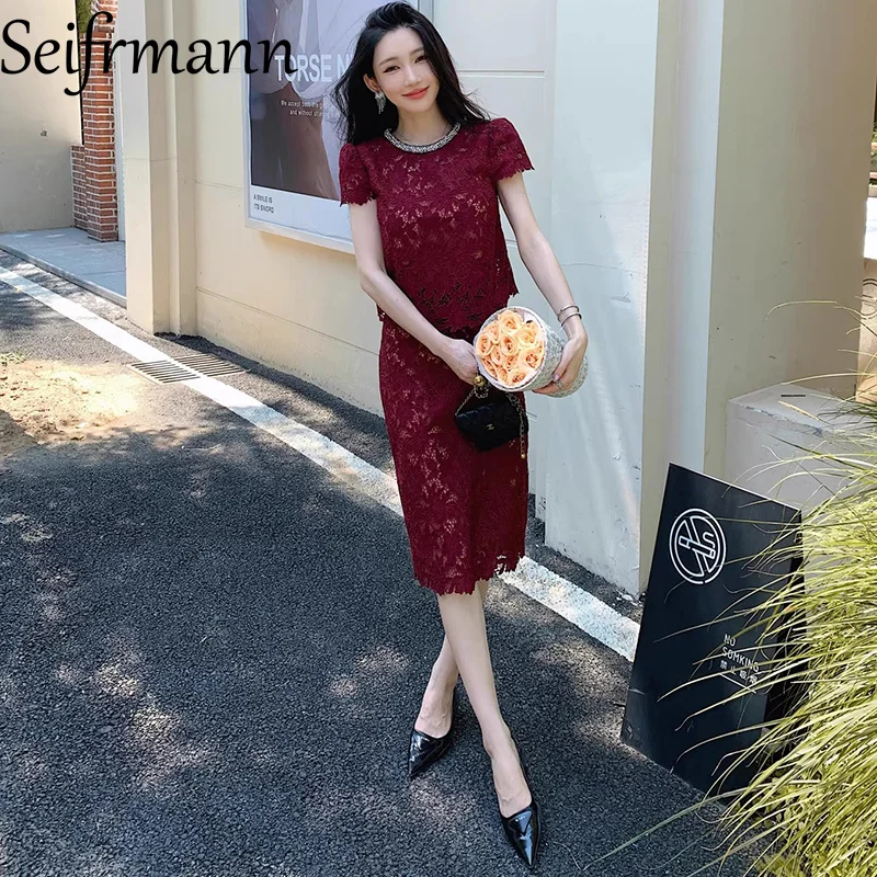 Seifrmann 2026 Spring Women's New Fashion Round Neck Short Sleeve Nail Beaded Top+Half Skirt Two Piece Set