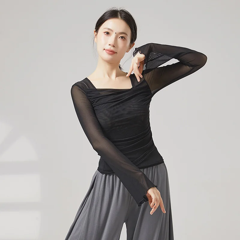 Mesh Classical Dance Top See Through Long Flared Sleeve Shirt Yoga Chinese Folk Dance Costume Summer Modern Dance Clothes