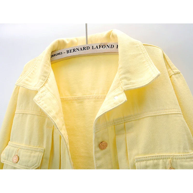 

Korean Fashion Yellow Denim Jacket Women Loose Short Cowboy Outerwear Spring Autumn Pocket Long Sleeve Jeans Jacket Coat Female