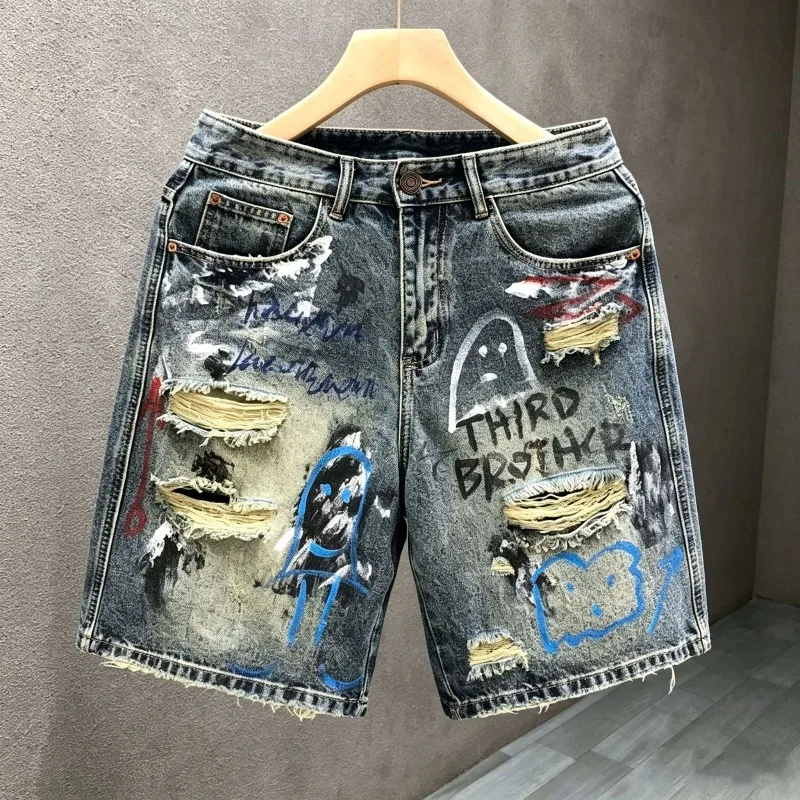Shorts de Mezclilla para Hombre con Estampado de Grafiti, Diseño Vintage, Gráficos Pintados a Mano, Estilo Desgastado y Roto, Bermuda Y2K Streetwear