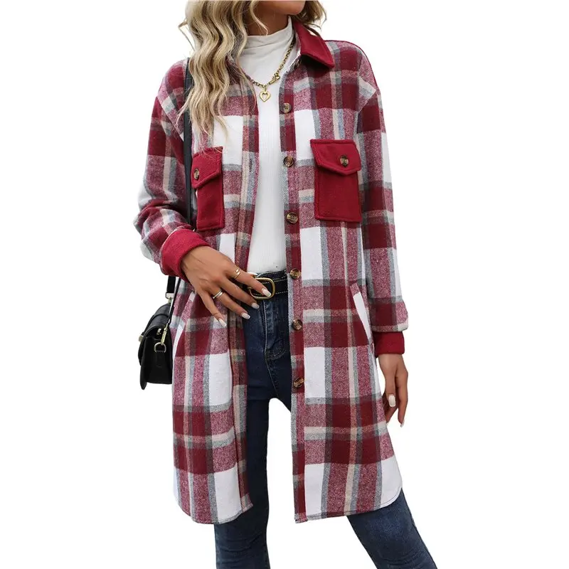 A19Q-Women's Plaid Shacket Jacket Long Sleeve Button Up Flannel Shirt Casual Shaket Lapel Coats