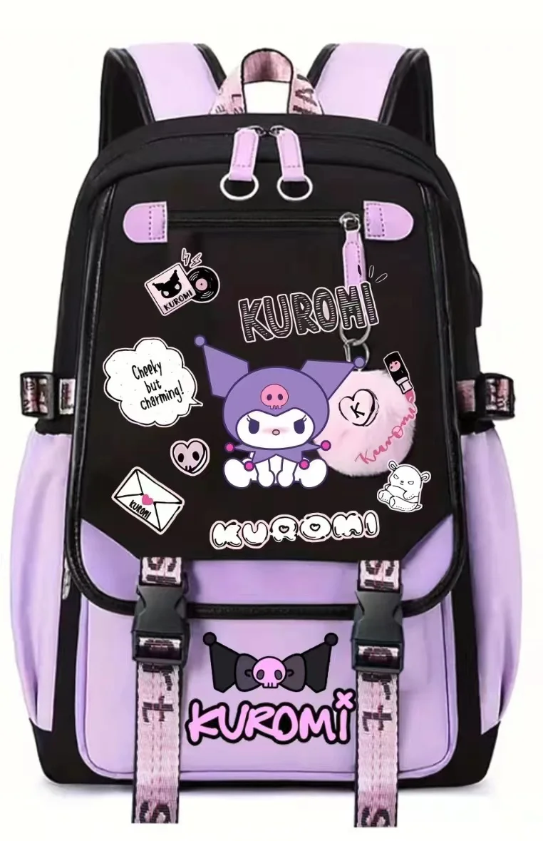 Kawaii Mochilas Escolares para Meninos e Meninas, Adorável Kuromi, Capacidade Mochila Laptop, Roxo, Patchwork Viagem Diária, Estudante