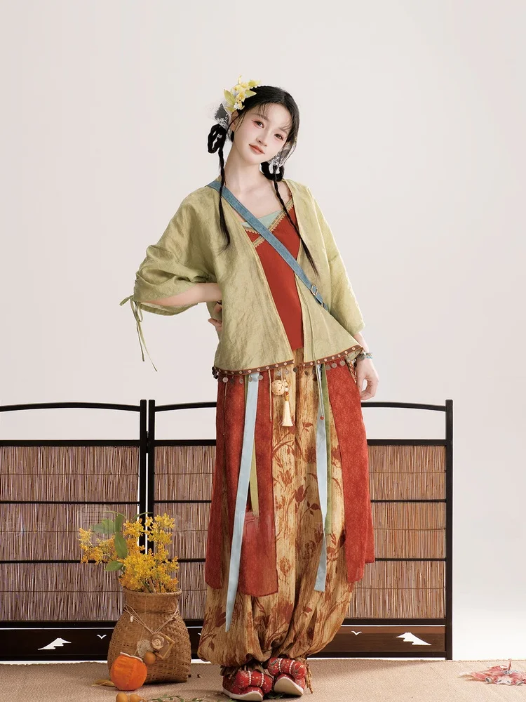 

Комплект Wu Ji Hanfu, летний повседневный костюм Хан из полиэфирного волокна, брюки-фонарики, женская традиционная китайская одежда, наряд