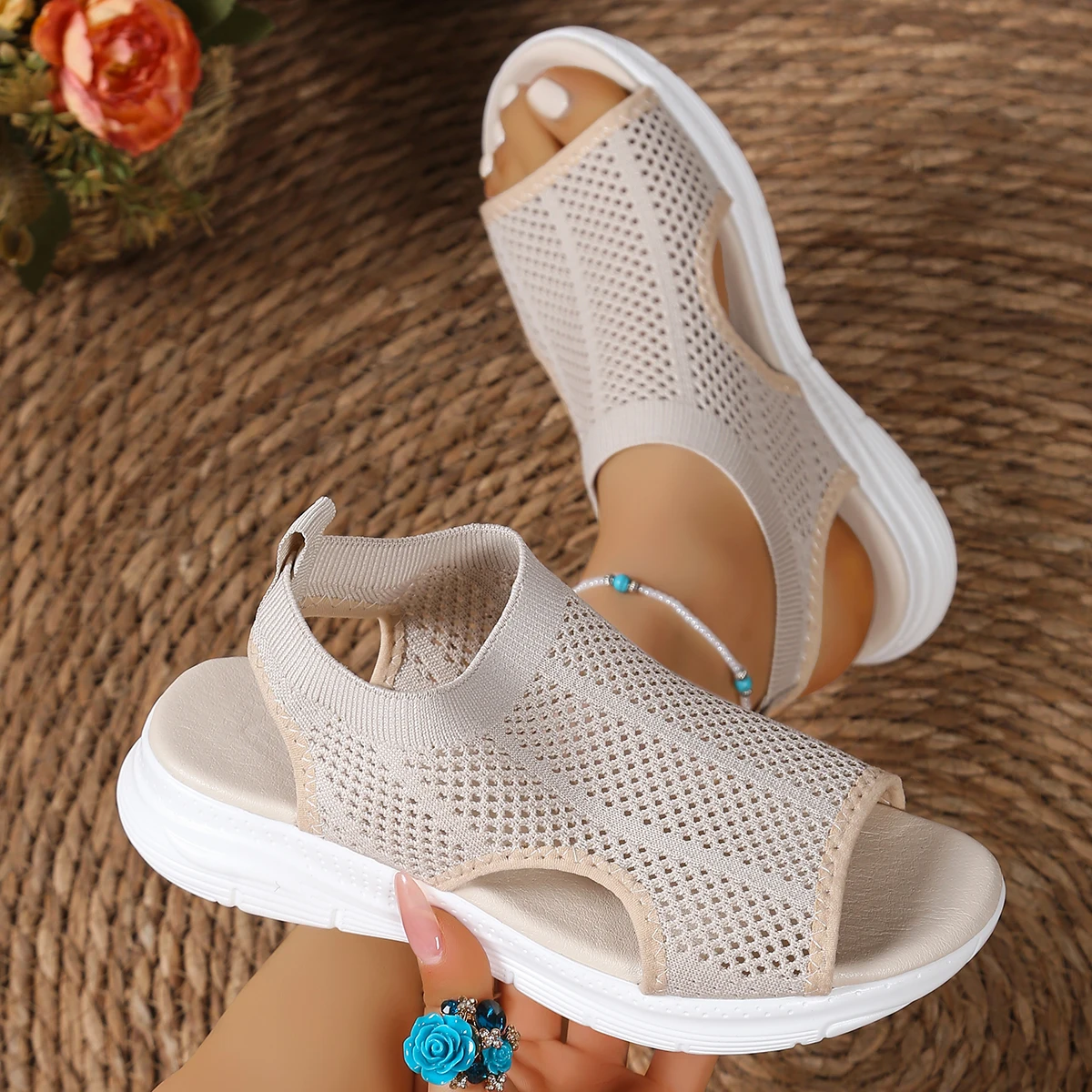 Women Sandals Breathable Knit Open Toe Shoes Comfortable Slip-On Sandals Low Heel with Durable Rubber Sole Shoes for Women image 4