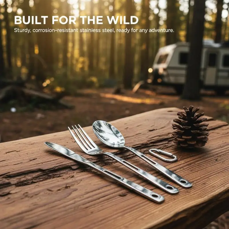 3Pcs 430 Stainless Steel Cutlery Set with Carabiner – Portable Camping Knife Fork Spoon fo