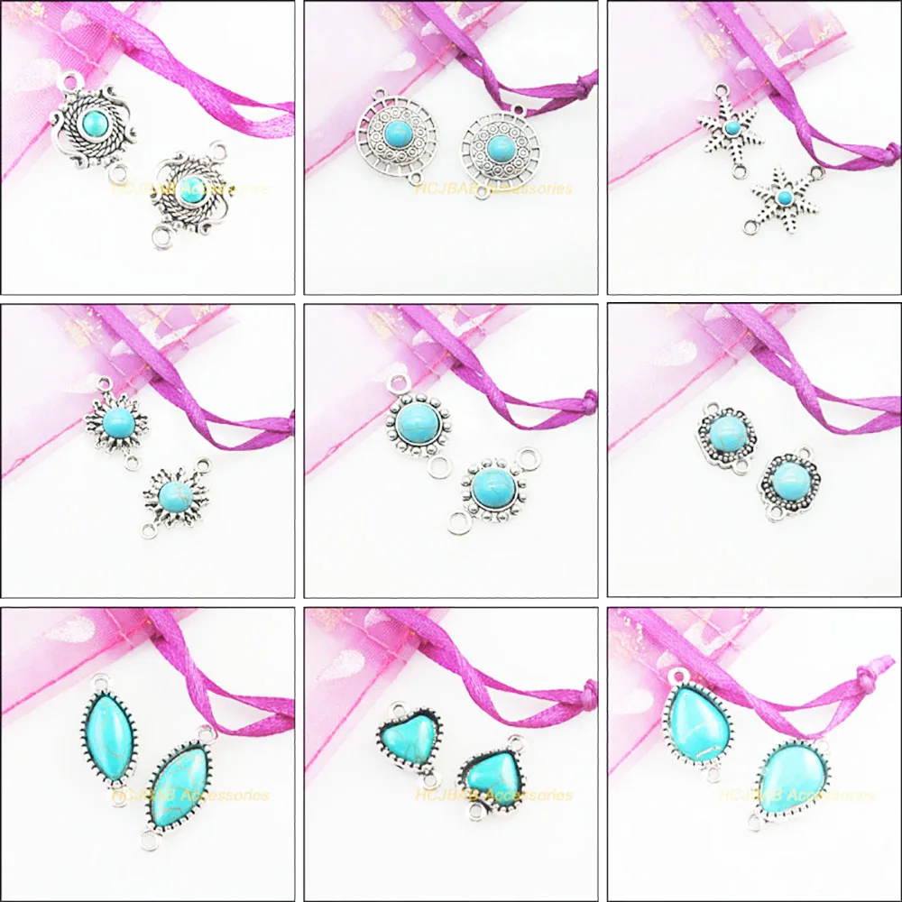 New Retro Heart Oval Flower Star Crown Teardrop Charms Antiqued Silver Plated Turquoise Connectors For Gifts Jewelry