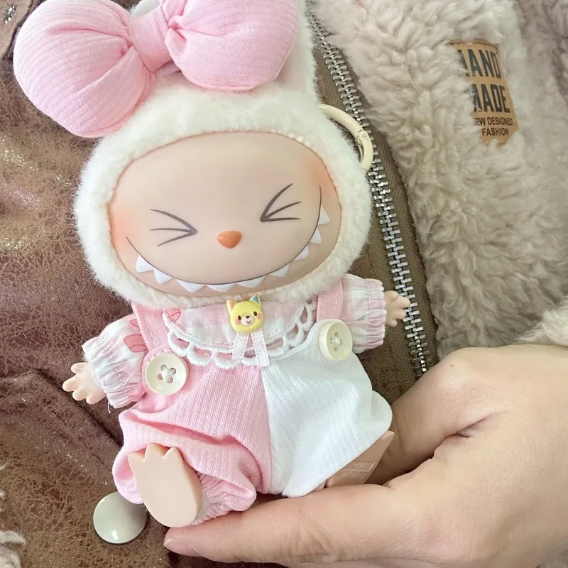 Adequado para labubu primeira segunda geração pano rosa e branco alças de gatinho roupas de bonecas arco bandana acessórios de bonecas